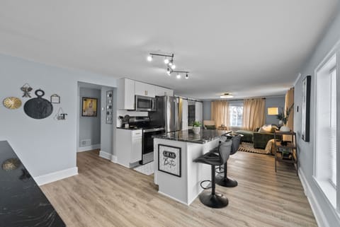 Spacious counters and modern stainless steel appliances.