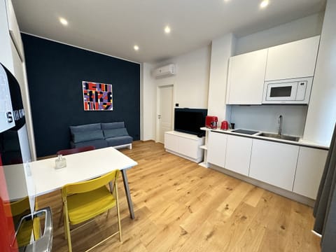 Living room with kitchenette, closet with fold-out bed, and TV with SKY