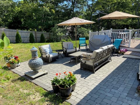 Patio and deck in fenced yard