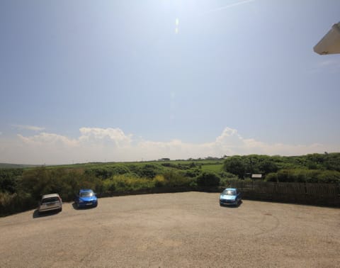 Blue skies out of window of holiday cottage, Kegyn in Harlyn Bay, Padstow, North Cornwall