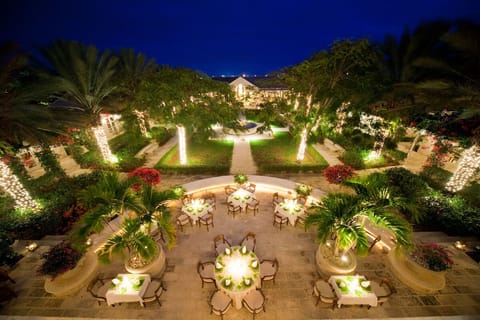 Dine under twinkling palms in a romantic garden courtyard.