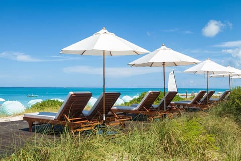 Lounge oceanside under crisp umbrellas with sea breezes.