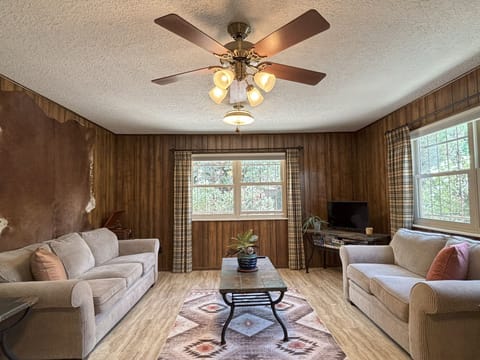 Cozy living room with warm wood panels and cute cabin like curtains. 