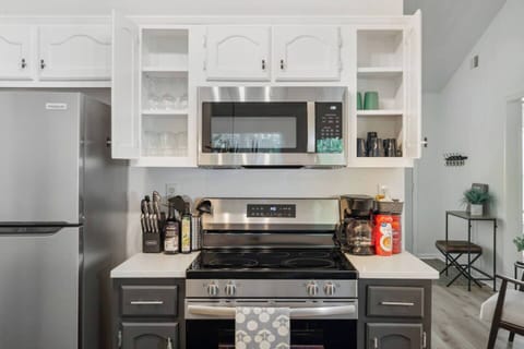 Welcome to our fully stocked kitchen, complete with organic olive oil and balsamic vinegar.