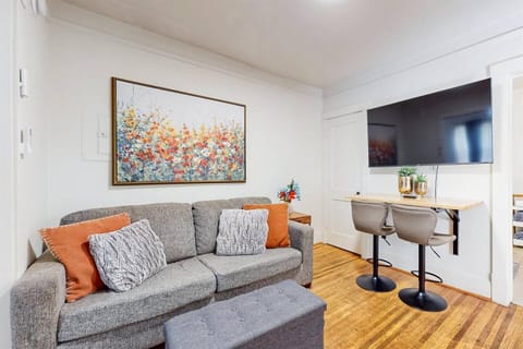 Living room area with foot rest, extra closet space and a television, with breakfast bar or work area.