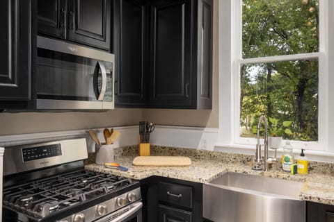 Our kitchen is fully stocked with a stove, oven, microwave, dishwasher, refrigerator, and a coffee machine, so you have everything you need.