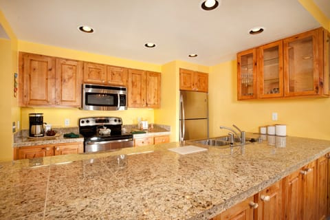 The fully-equipped kitchen features stainless steel appliances