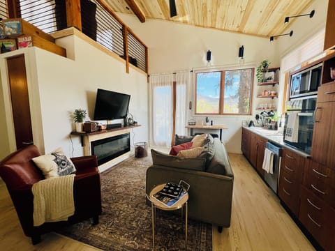 Tall aspen ceilings, big windows, lots of light. Living area with TV, fireplace