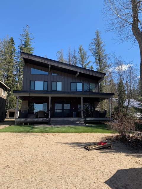 Lakeside view of cabin.