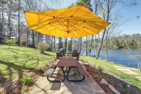 Patio | Outdoor Dining Area | 2 Charcoal Grills | Lake & Mountain Views