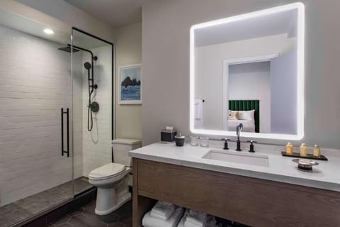 Refresh under a spa-style shower with bright vanity lighting.