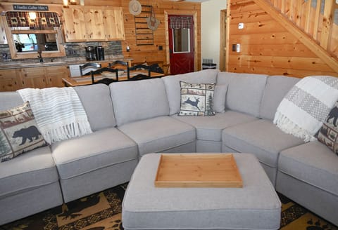 Comfy couch, gas log fireplace, smart tv and mountain views