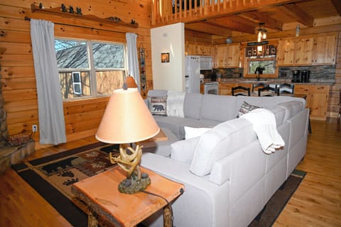 Comfy couch, gas log fireplace, smart tv and mountain views