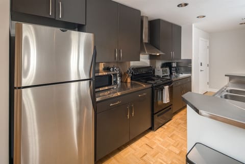 Stainless counter tops in kitchen.