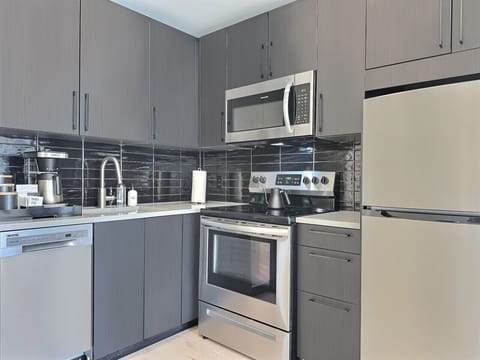 Fully equipped modern kitchen featuring stainless appliances in a furnished apartment.
