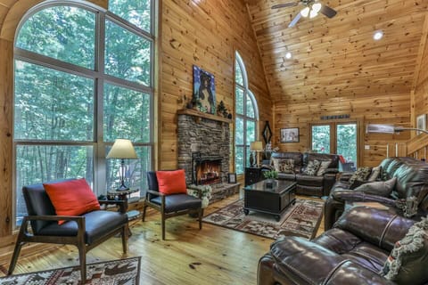 Living room with wood-burning fireplace