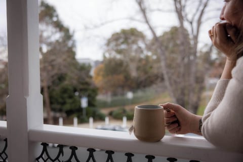 Balcony over looking a beautiful park.