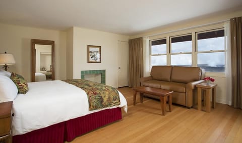 Sink into the sofa by the fireplace after a day outside