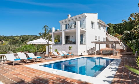 Swimming pool with sun loungers.