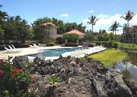 Dive into island bliss in this lagoon style pool surrounded by beautiful palms and lava rock.
