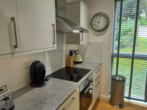 Kitchen with induction hob and electric oven, coffee machine