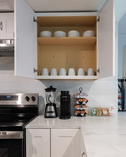 Stovetop with range hood and Dinnerware tucked behind cupboards