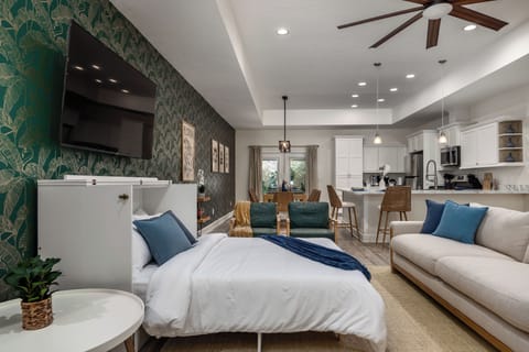 Open-concept living with a cozy Murphy bed, plush seating