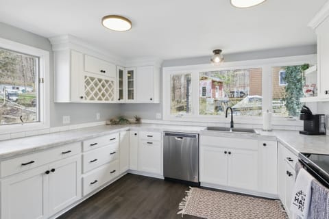 Modern lakeview kitchen featuring stainless steel appliances, white shaker cabinets, and sleek countertops – perfect for home-cooked meals with a view.