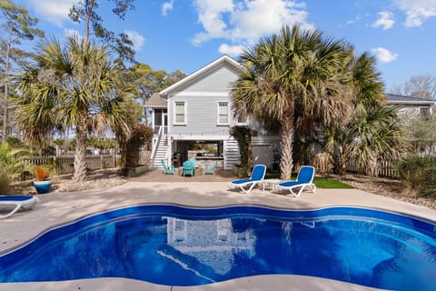 Curved blue pool, lounge chairs, palm trees, fenced yard, paved patio, teal chairs, stairs to raised gray beach house, shaded lounge area, potted plants, blue sky clouds.