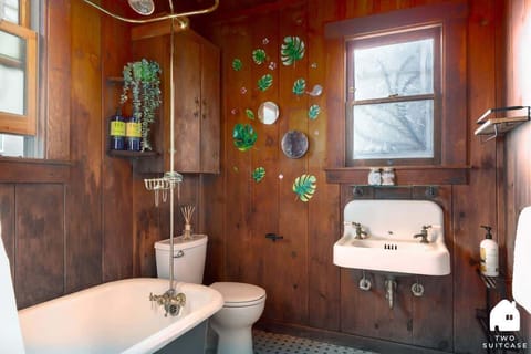 This bathroom has a warm, rustic feel and everything you need for a comfortable stay.
