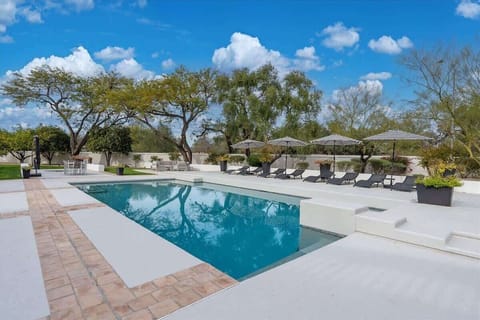 Beautiful pool setting surrounded by mature desert trees and ample seating