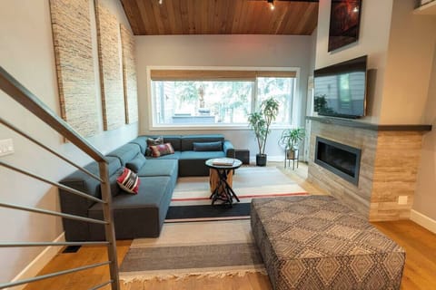 Living room with TV and electric fireplace. 