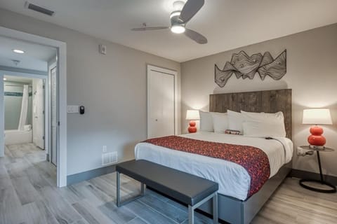Stretch out in a serene room with modern coastal finishes.