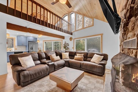 Large Open Living Room with Fireplace and Forest Views