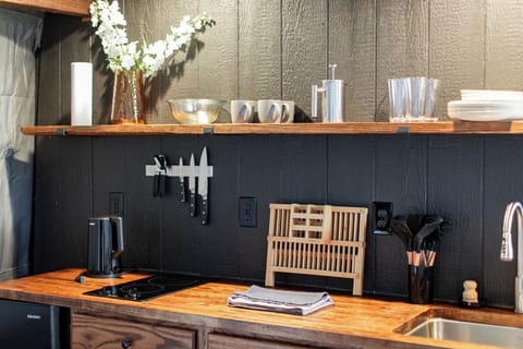 Fully stocked kitchenette with cooktop, mini fridge, cooking supplies, dinnerware