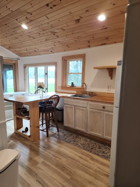 Kitchen view from Bedroom. Open door.