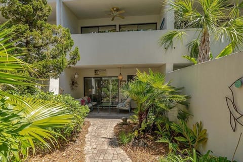 Exterior courtyard entrance with tropical landscaping and balcony