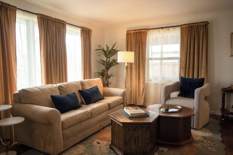Comfortable sofa with navy pillows and lots of natural light.