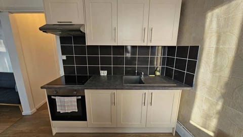 Cuisine semi ouverte sur le salon, équipée avec plaques de cuisson, four, réfrigérateur avec congélateur, machine à café, bouilloire, grille-pain et micro-ondes.