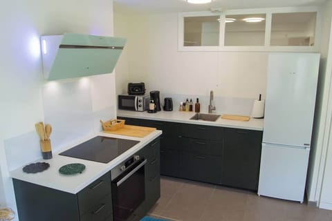 Vue de la cuisine équipée : réfrigérateur, congélateur, évier, hotte, table de cuisson, four