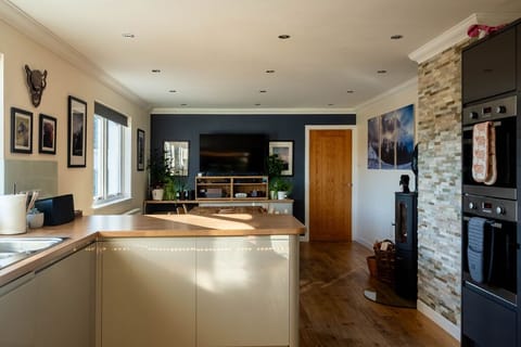 Kitchen with wood stove near the dining table and cable TV