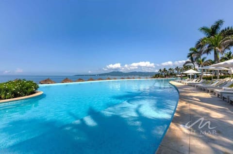 Shared oceanfront infinity pool blending into the horizon, w/ loungers & palm-lined shoreline beside it