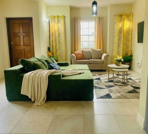 Bright, modern living room with spacious seating, natural light, and TV.
