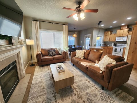 Living room with fireplace and smart Roku TV