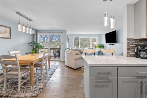 Fully-equipped kitchen with seating for two at the counter plus a dining table to eat your meals at. We provide all the essentials, including a drip coffee maker.