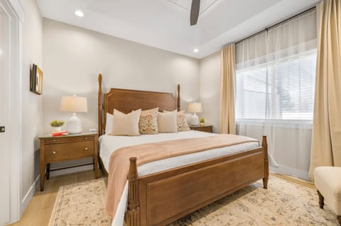 King suite with blackout curtains, Roku TV, and cozy extras.