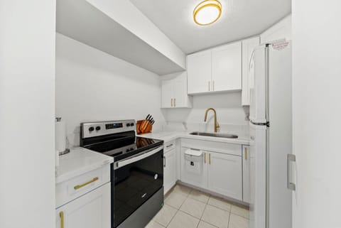 Fully-equipped kitchen with electric stove, oven and fridge
