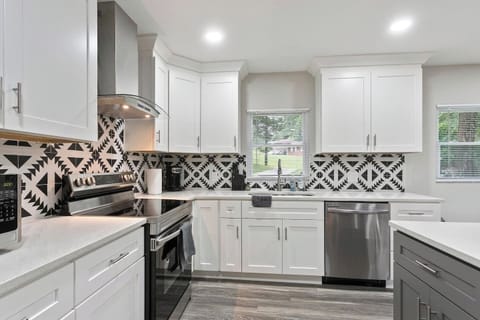 A sleek side view of your fully-equipped kitchen, featuring a state-of-the-art modern stove that seamlessly blends style and functionality.