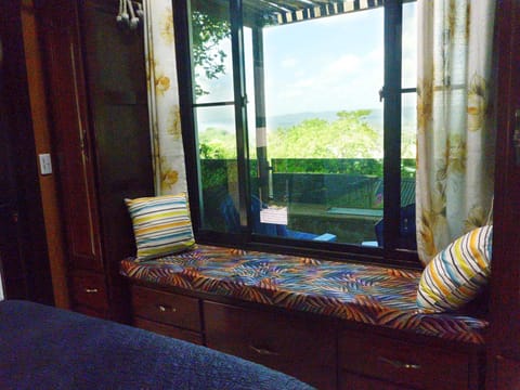 The Queen room has an outstanding view, the outdoor fireplace is lovely at night