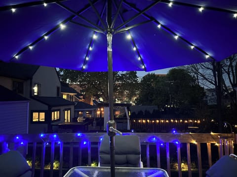 View of the backyard deck lights and the U of M Stadium.